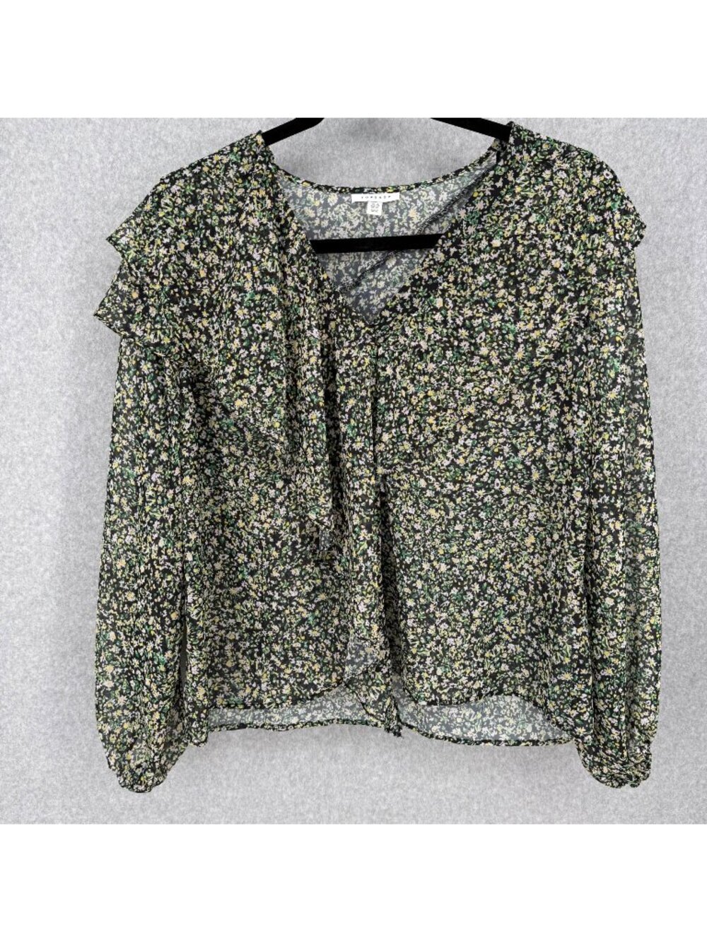 Top Shop Womens Dark Floral Ruffle Layer Top Blouse 10 Green Black Sheer Office